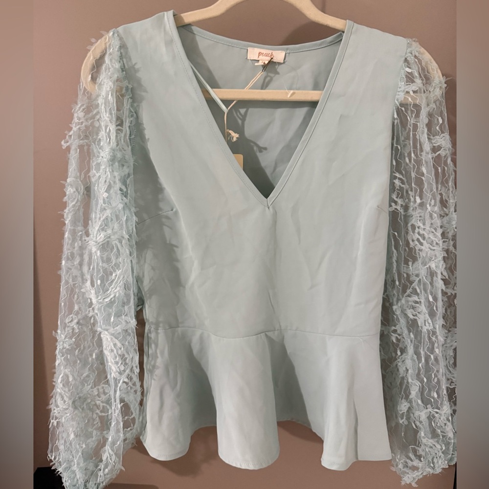 Sky Blue Blouse with Lace Sleeves